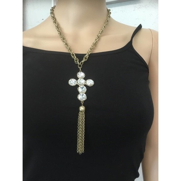 Gold Tone Cross rhinestone Necklace - Picture 1 of 3